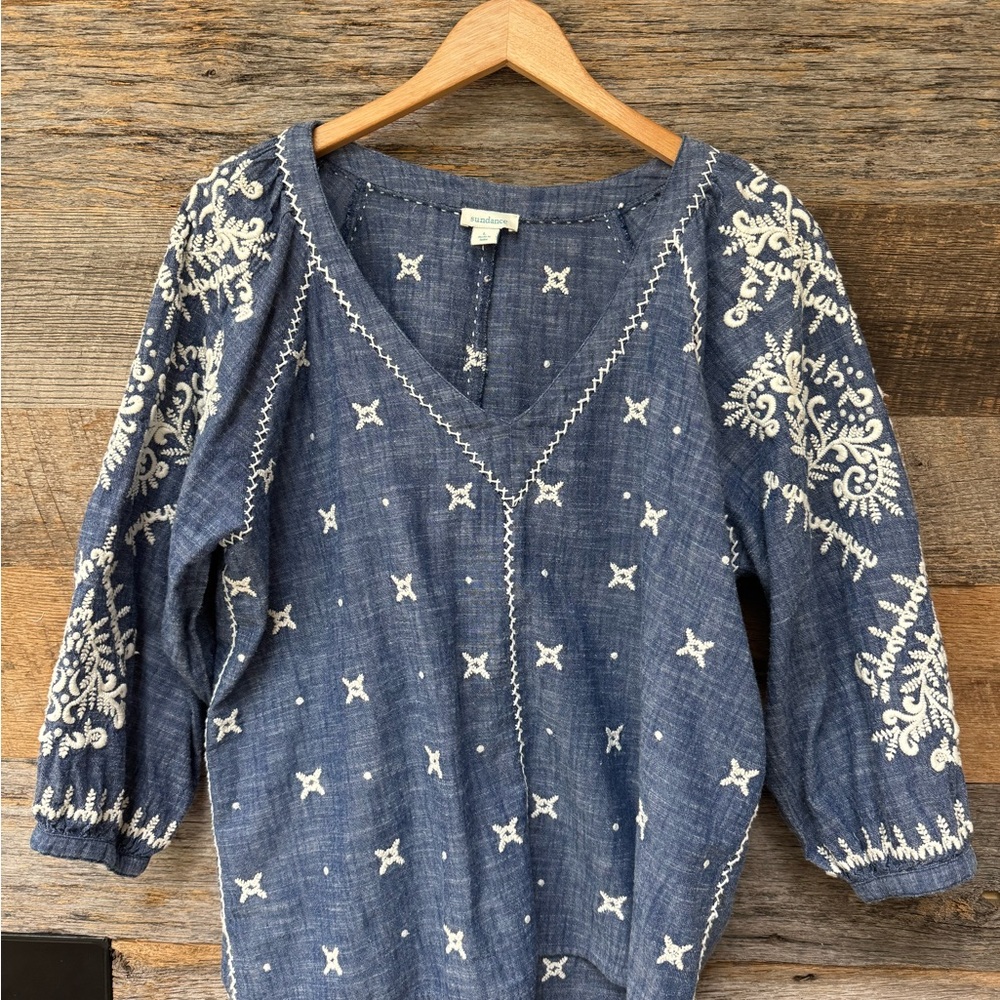 Embroidered Sundance Blue Women's Boho Top L